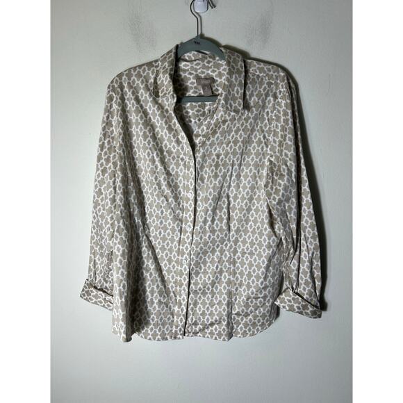 Chico's Tan White Print Long Sleeve Fitted Button Up Shirt Sz 3 - Picture 1 of 3